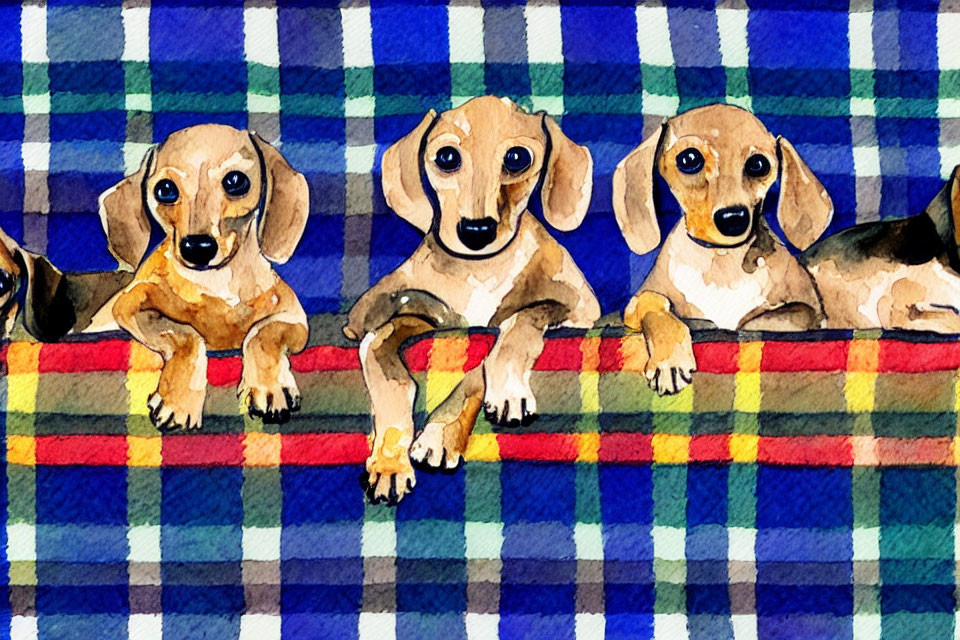 Three Dachshunds on Multicolored Blanket Watercolor Painting