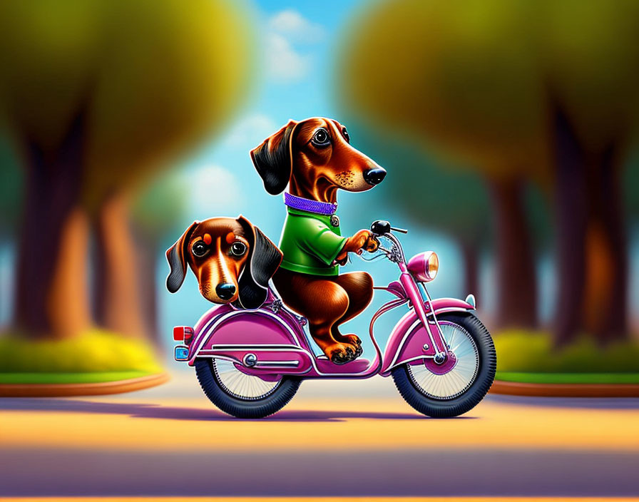 Cartoon dachshunds on pink scooter with goggles, on vibrant road with trees