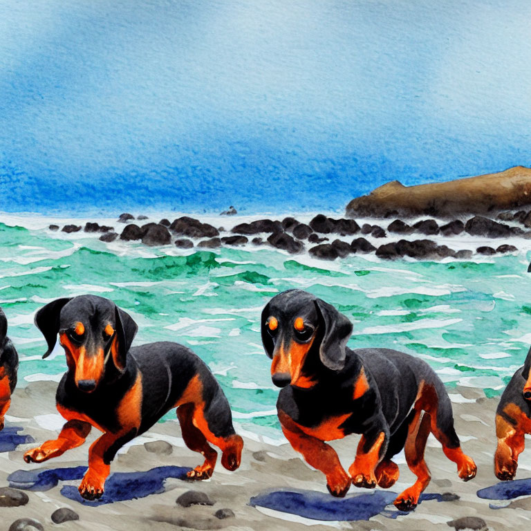 Two Dachshunds on Beach with Waves and Rocks in Watercolor