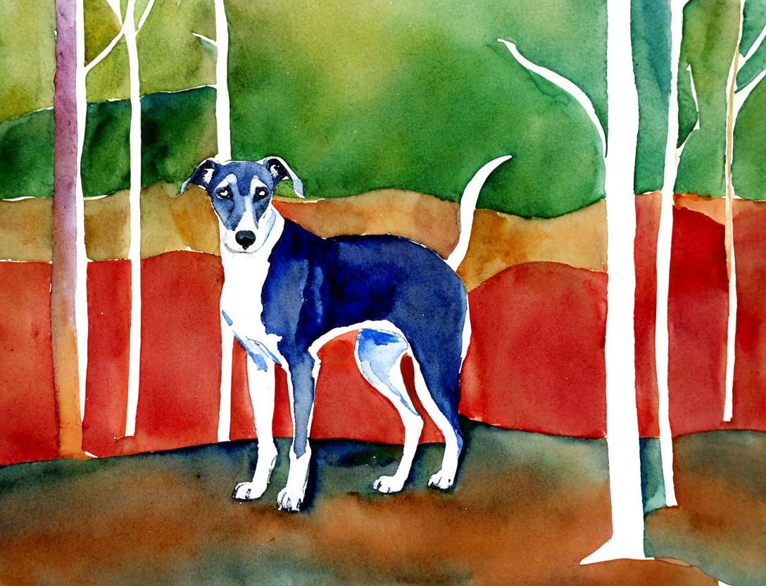 Colorful Abstract Forest Watercolor with Black and White Dog