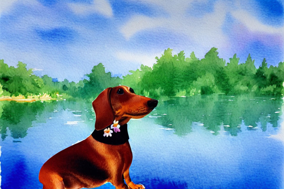 Brown dachshund with flower collar by blue water and greenery landscape