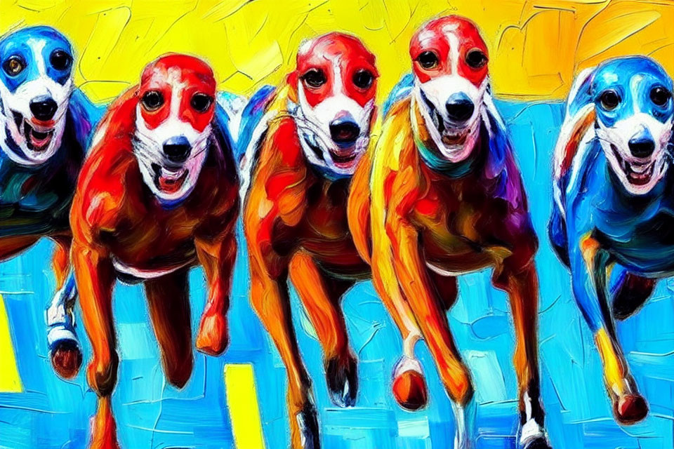 Colorful Dogs Racing in Vibrant Painting