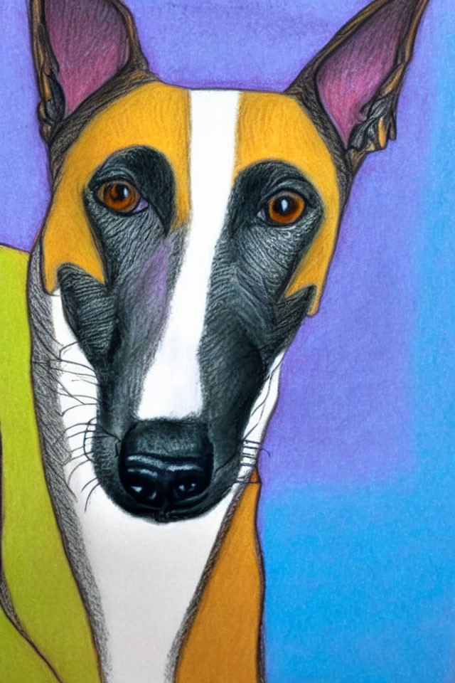 Vibrant dog drawing with bold eyes and colorful background