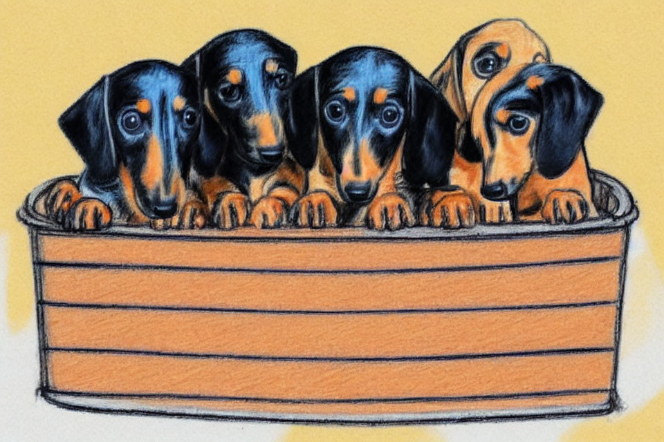 Five Dachshund Puppies in Container on Yellow Background