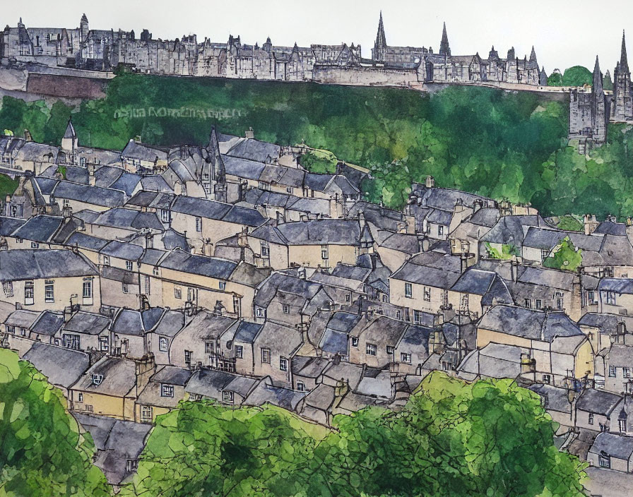 Detailed Watercolor Painting of Dense Old Town with Stone Houses and Historical Buildings under Green Hill.