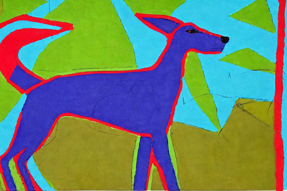 Colorful Abstract Painting: Slender Blue Dog on Geometric Background