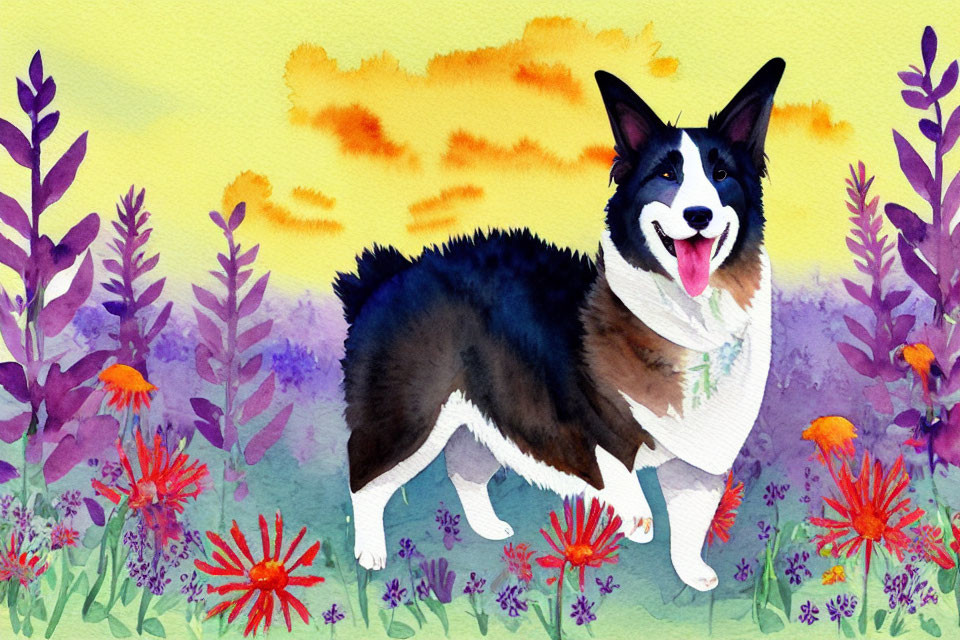 Smiling black and white dog in colorful flower garden at sunset
