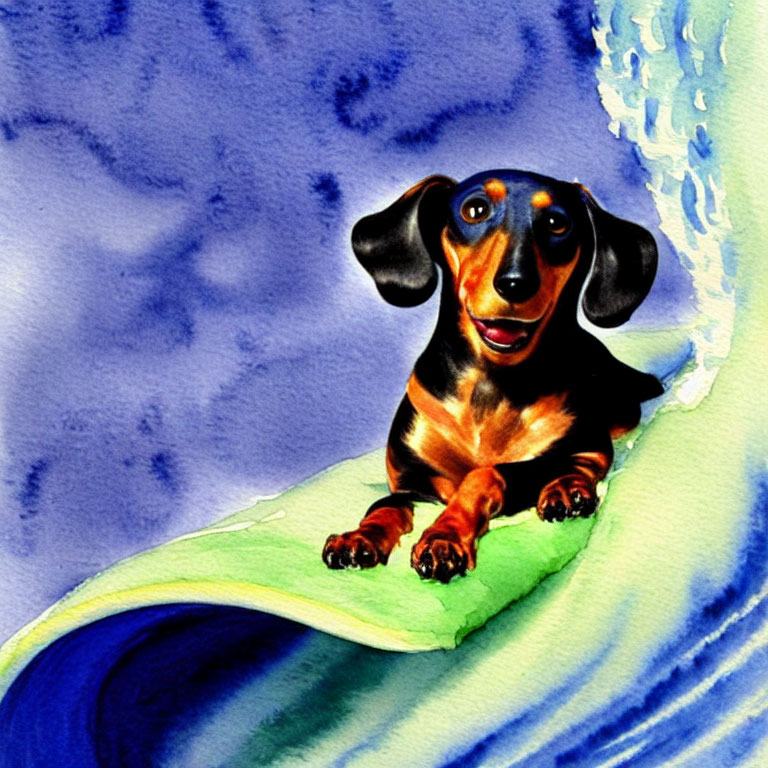 Adorable dachshund surfing on vibrant watercolor wave