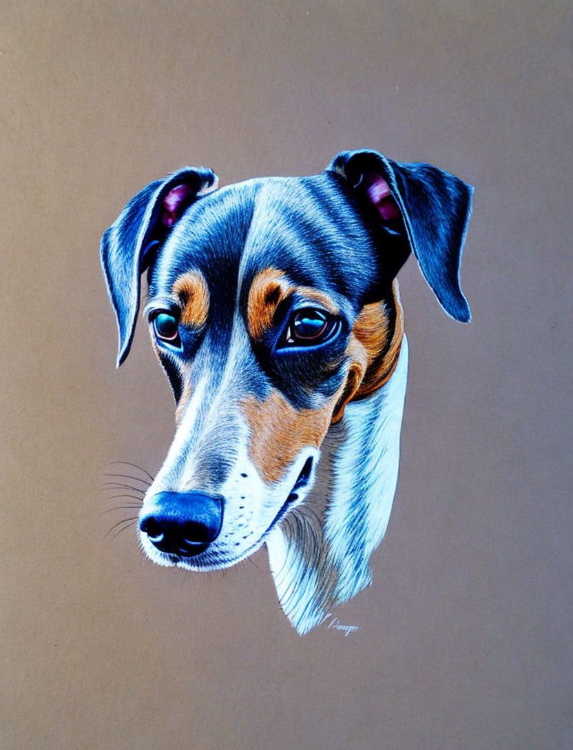 Realistic colored pencil drawing of a dog with black and white coat, brown eyes, and folded ears