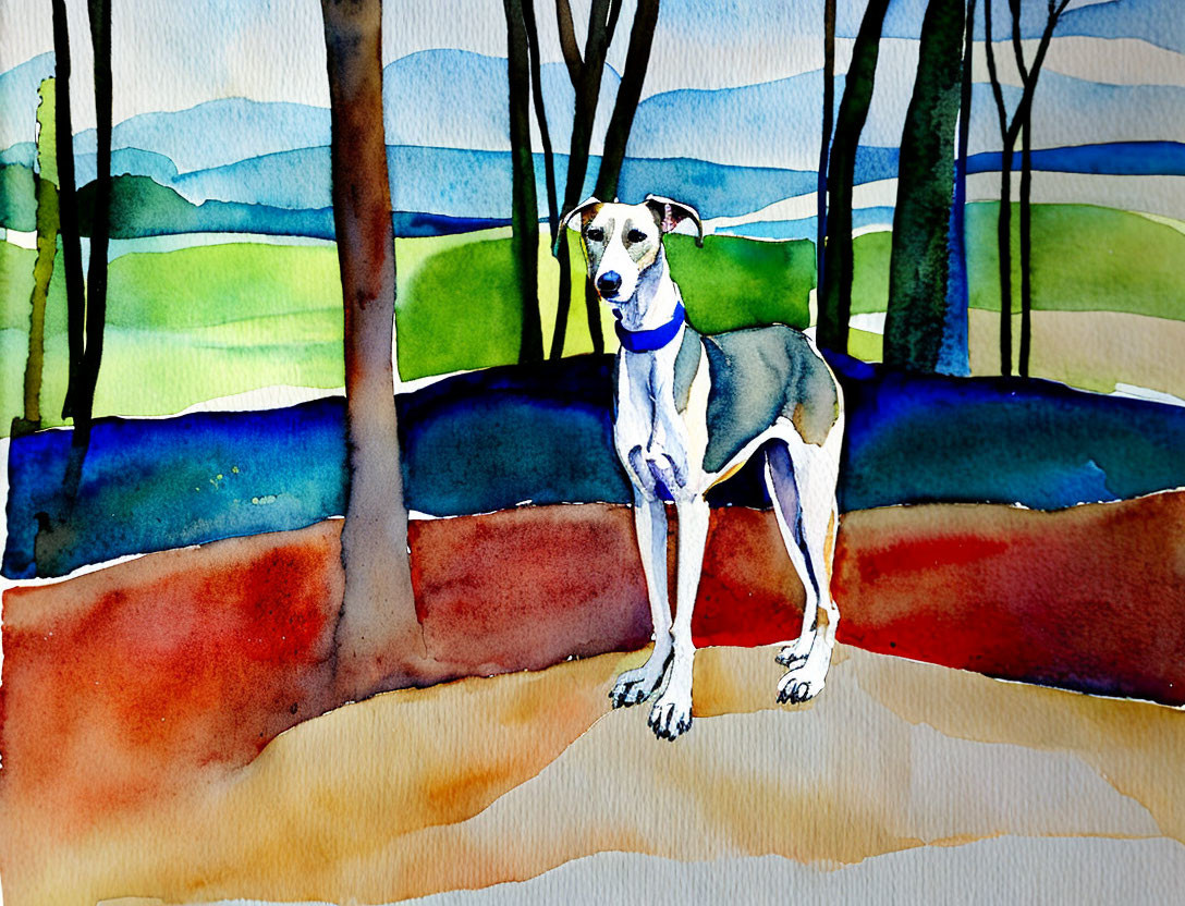 Colorful Watercolor Painting of Grey and White Dog in Whimsical Forest