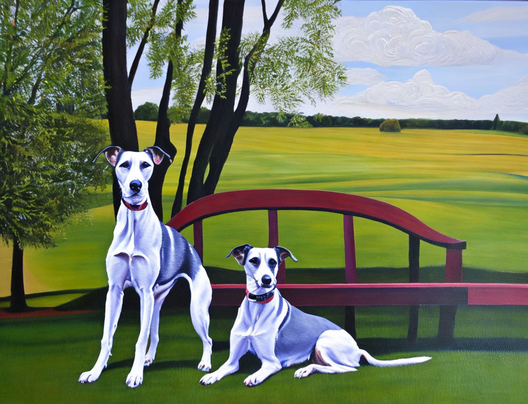 Two dogs in front of park bench with trees and grassy field under blue sky.