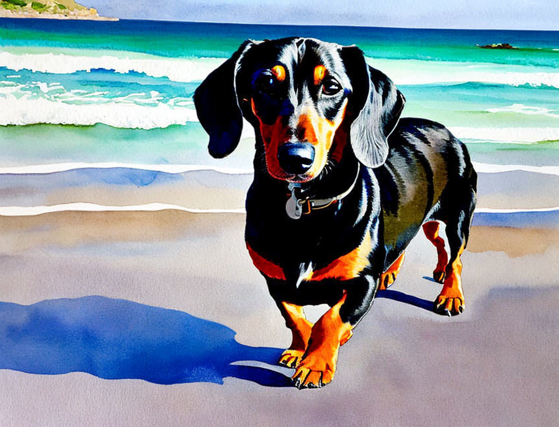 Black and Tan Dachshund on Sandy Beach with Clear Sky