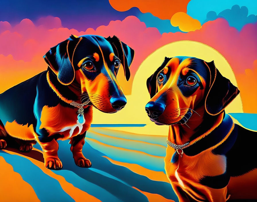 Vibrant surreal sunset with two dachshunds in orange and blue hues