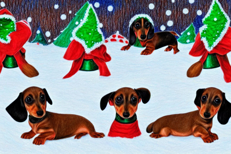Adorable Dachshund Puppies in Snow with Festive Collars
