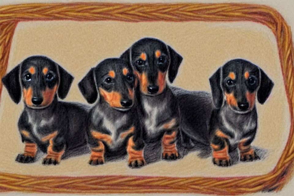 Three dachshund puppies in colored pencil showcase shiny coats and expressive eyes