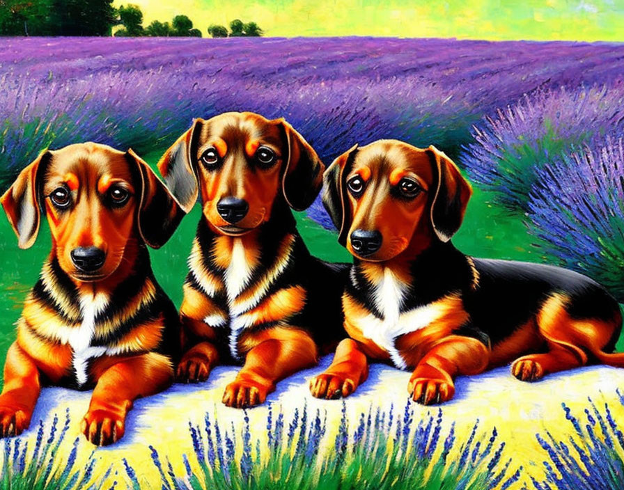 Three dachshund puppies in purple flower field with green background