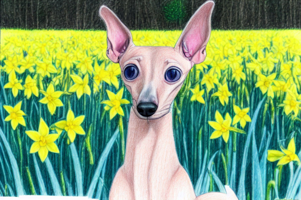 Hand-drawn image of Italian Greyhound in field of daffodils