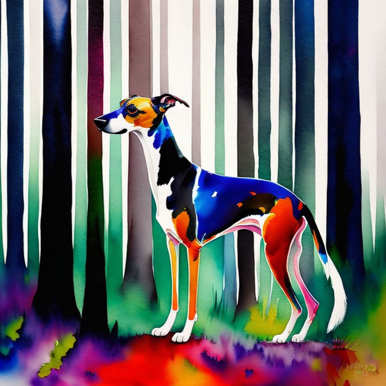 Vivid watercolor painting of a slender dog with blue, orange, and red splashes on striped
