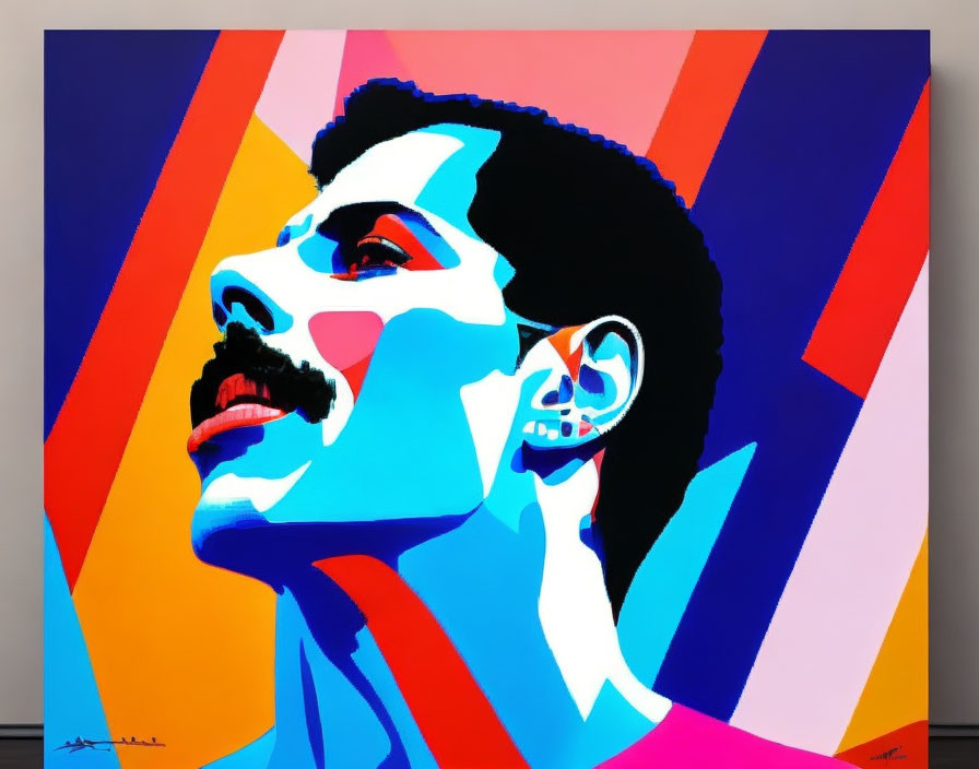 Vibrant Pop Art Portrait with Mustached Man and Geometric Background