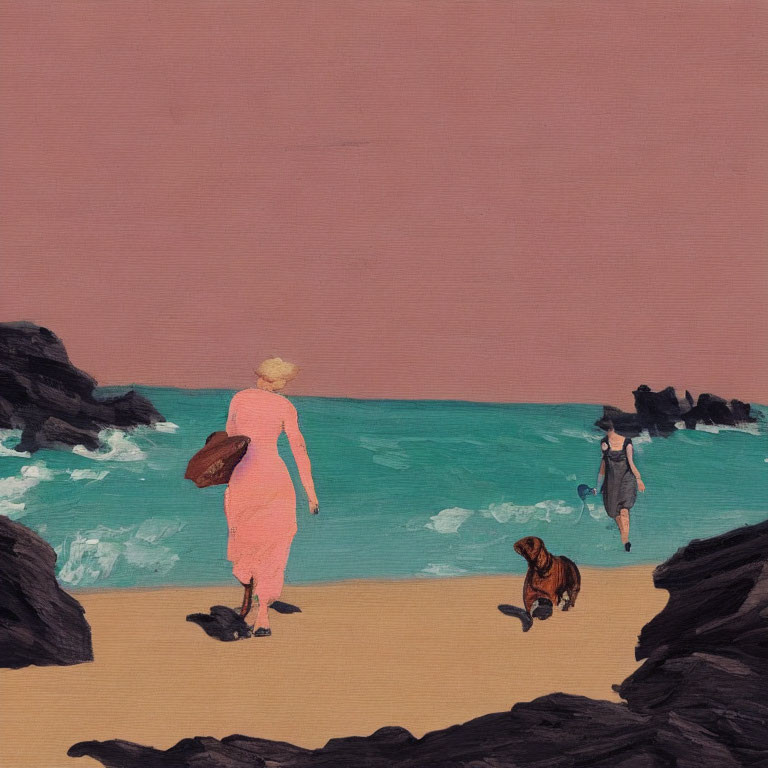 Two People and Dog on Turquoise Beach with Black Rocks and Peach Sky