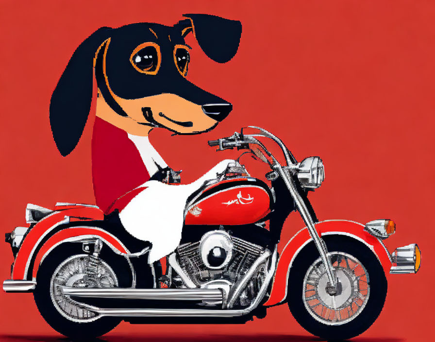 Anthropomorphic dachshund on classic motorcycle in red setting