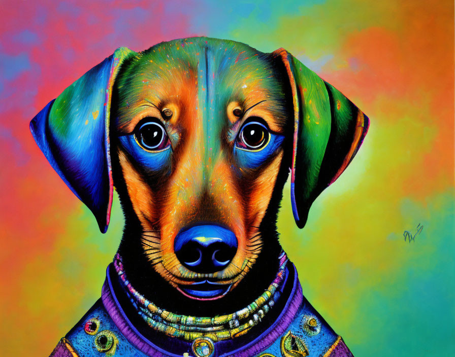 Colorful Dog Portrait with Expressive Eyes and Rainbow Background