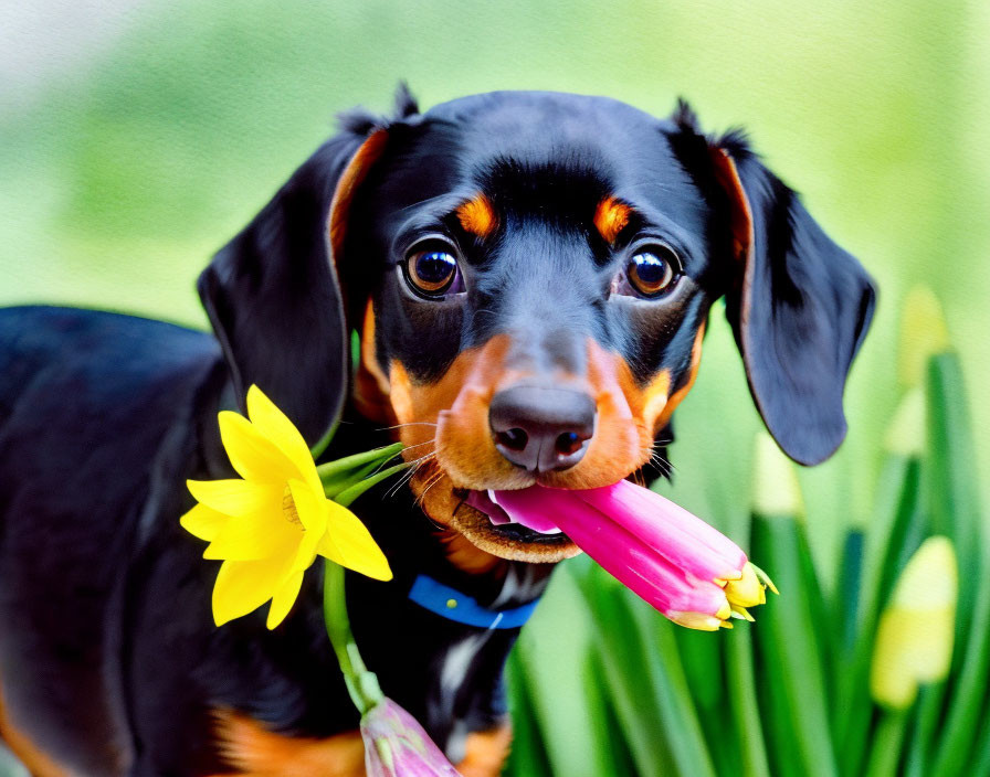 Black and Tan Dachshund with Flower in Mouth on Green Background