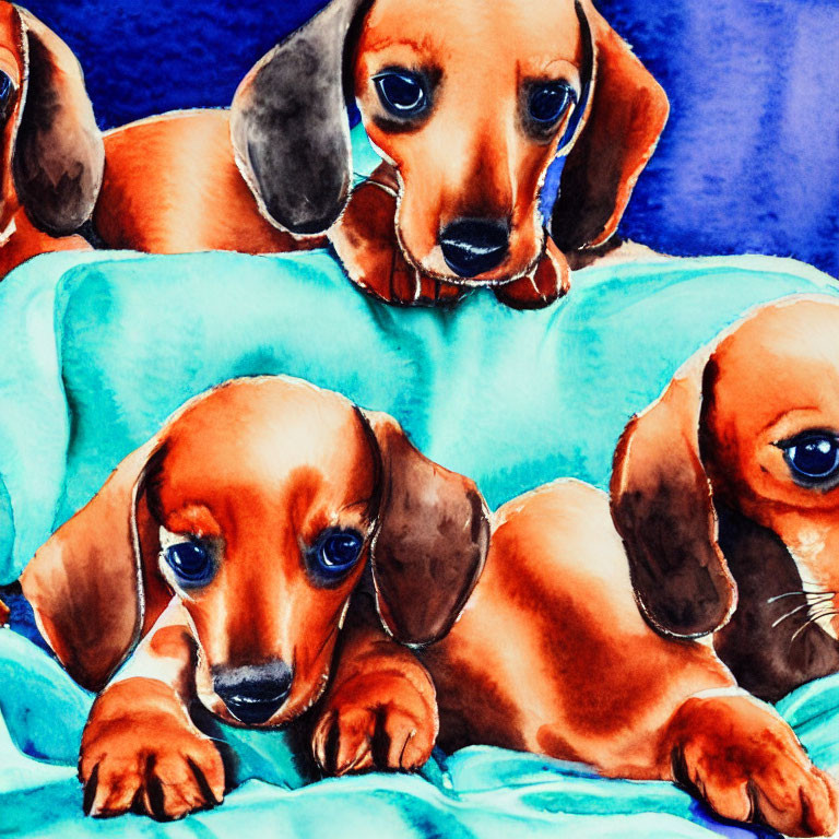Three Dachshund Puppies in Vibrant Watercolor Portrait