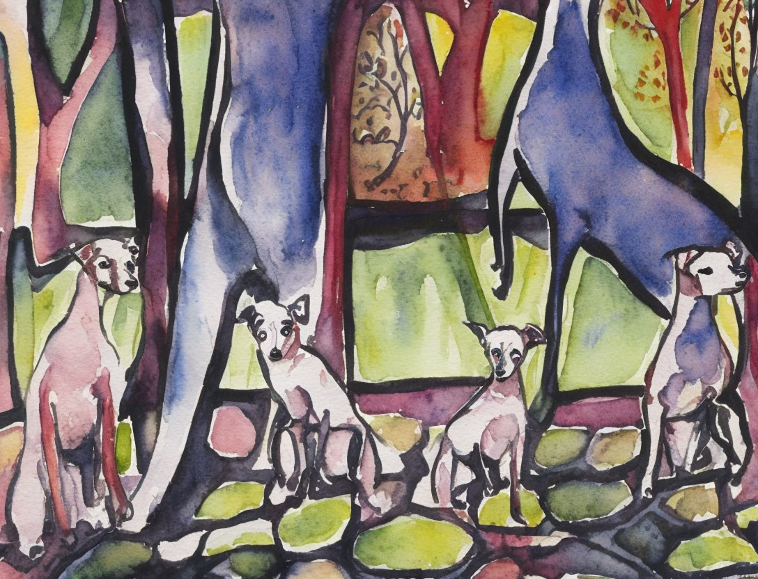 Vibrant watercolor painting of four dogs in a whimsical forest