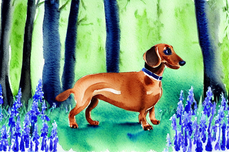 Brown Dachshund in Bluebell Forest Watercolor Painting