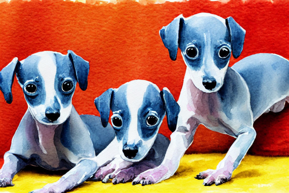 Three Italian Greyhound Puppies in Vibrant Watercolor Painting