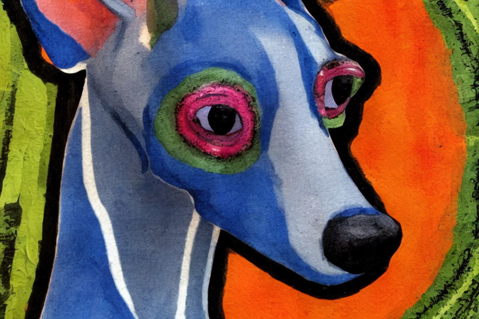 Vibrant painted portrait of stylized blue dog with pink eyes and abstract background