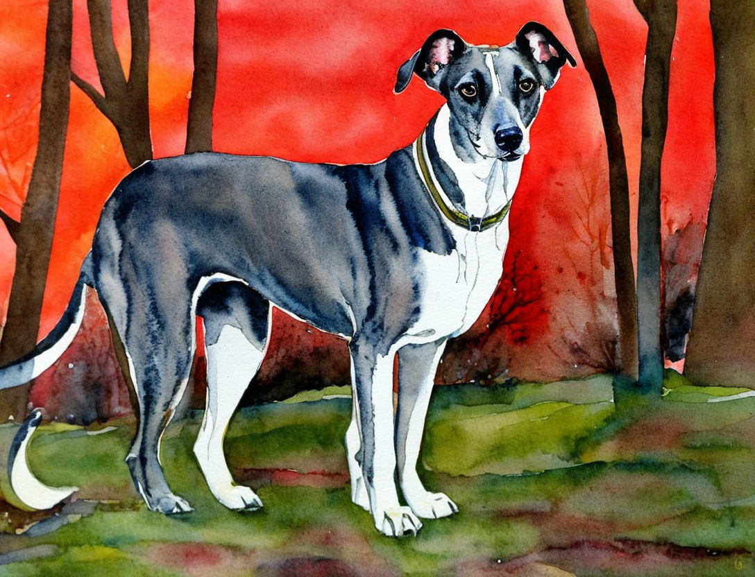 Black and white dog portrait in forest with red and orange hues