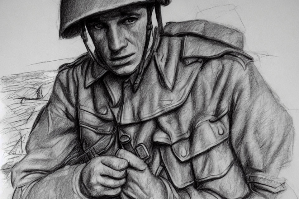 Detailed pencil sketch of soldier in uniform with helmet, gripping rifle, intense expression