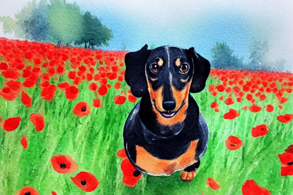 Watercolor painting of dachshund in red poppy field with greenery background
