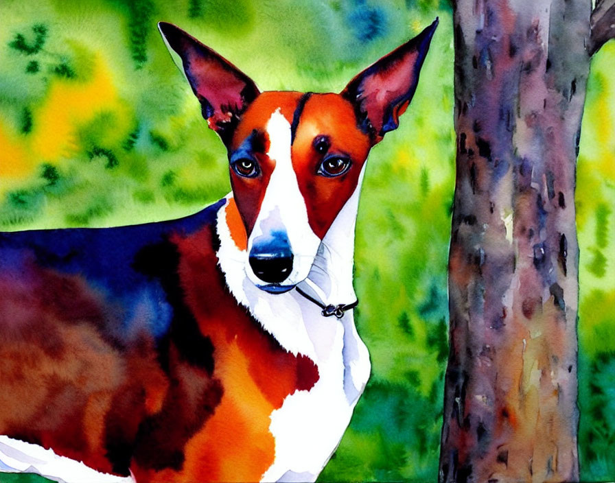 Tricolor Dog Watercolor Painting with Collar on Green Background