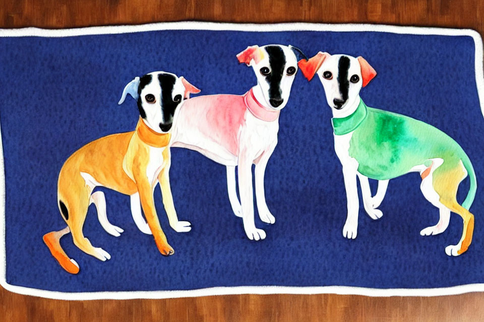 Colorful painted dogs with scarves on blue mat with brown border