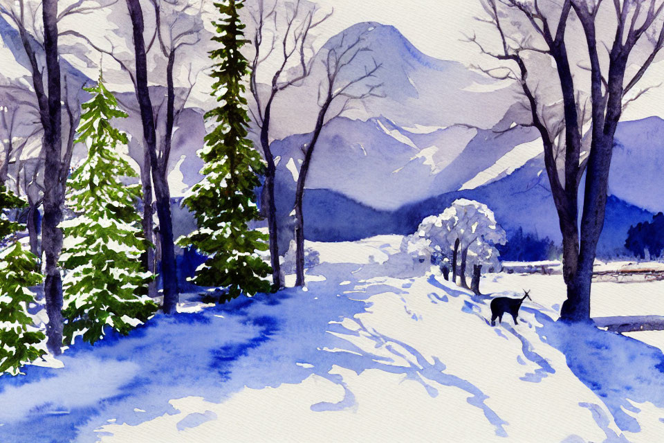 Winter Scene Watercolor Painting with Snow, Path, Mountains, Trees, and Dog