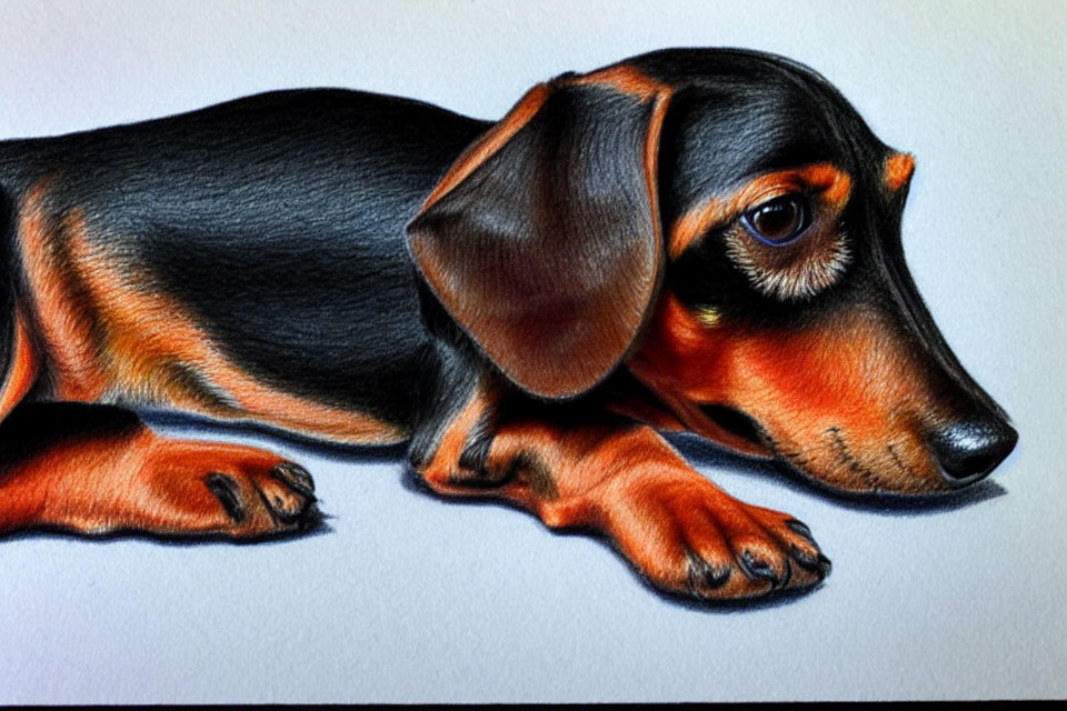 Realistic Colored Pencil Drawing of a Lying Dachshund with Detailed Fur Texture
