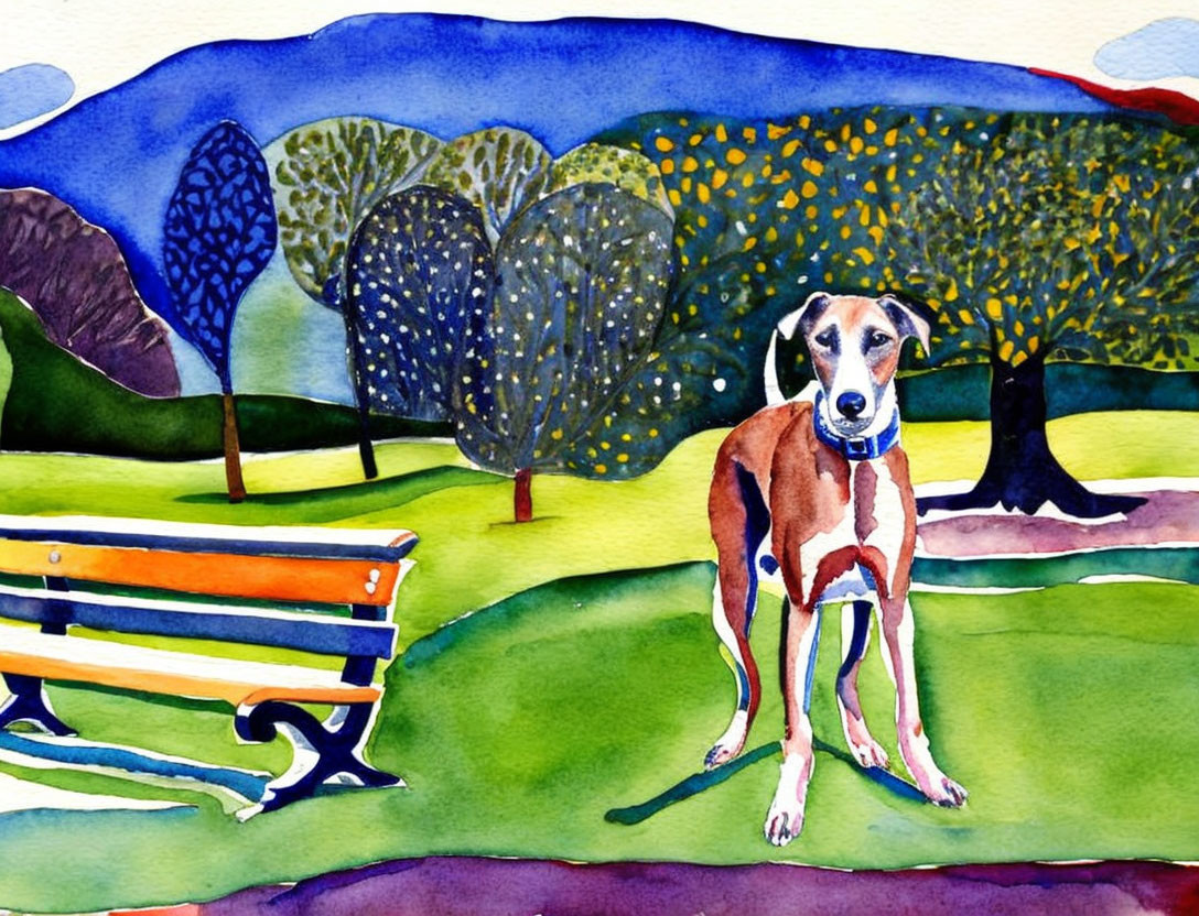 Brown and White Dog in Vibrant Park Setting with Benches and Colorful Trees