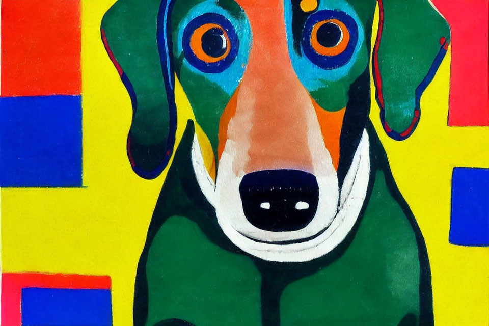 Vibrant abstract painting of a dog on multicolored background