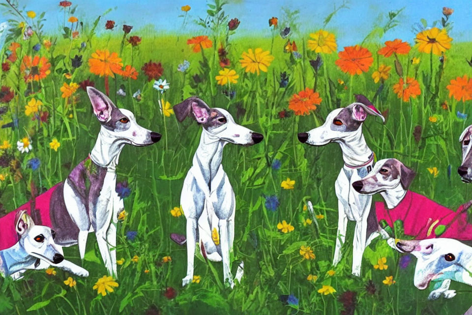 Colorful Painting: Six Greyhounds Among Wildflowers