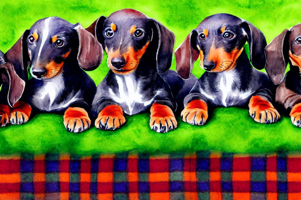 Four Shiny-Coated Dachshund Puppies on Plaid Blanket