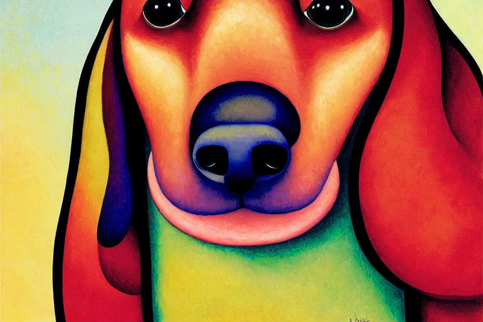 Vibrant painting of a stylized dog in red, yellow, and green