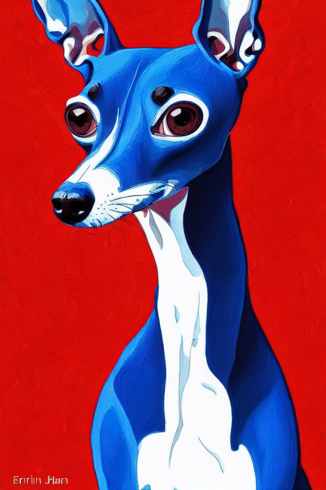 Blue Italian Greyhound Digital Painting on Deep Red Background