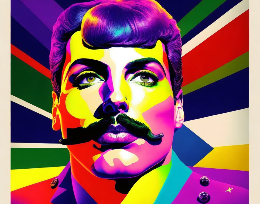 Colorful Pop Art Style Portrait with Mustached Figure