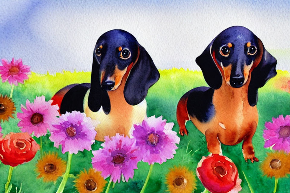 Colorful watercolor cartoon dachshunds with flowers