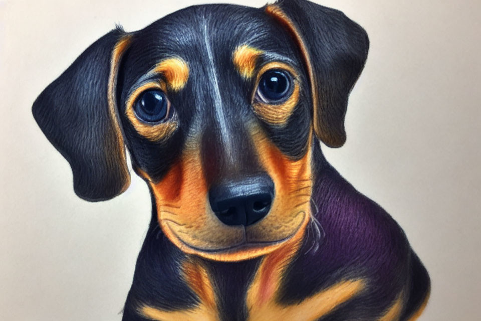 Detailed colored pencil drawing of a cute dachshund puppy with soulful eyes.