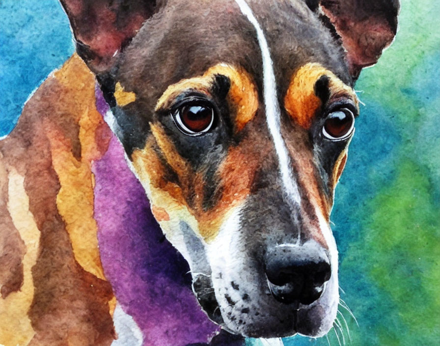 Colorful Watercolor Portrait of Dog with Intense Gaze