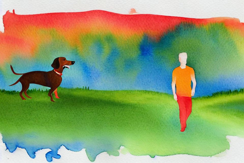 Colorful Watercolor Painting of Dog on Green Field